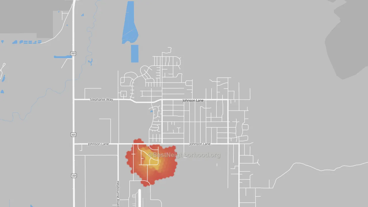 Walk Grade map of Johnson Lane, NV, walkable areas in green and car-dependent areas in red