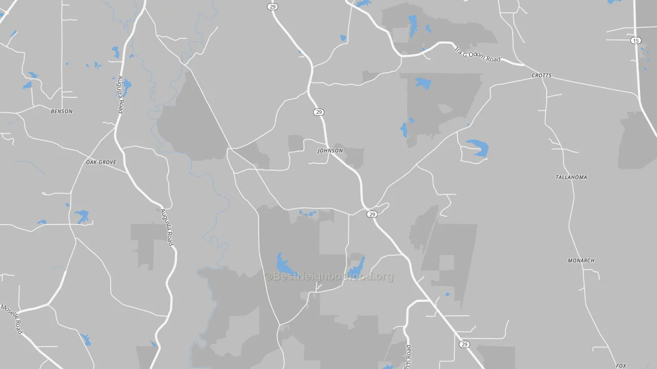 Walk Grade map of Johnson, MS, walkable areas in green and car-dependent areas in red