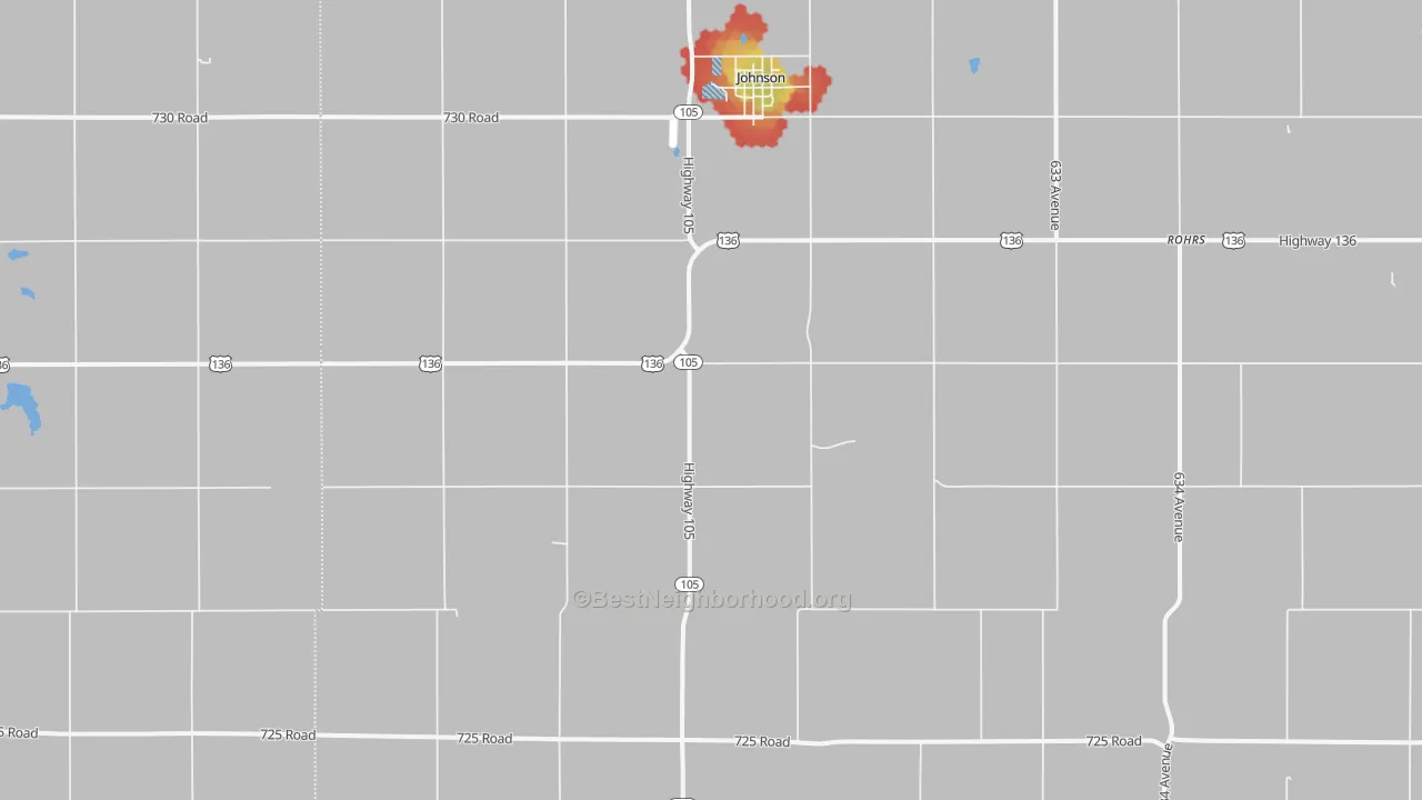 Walk Grade map of Johnson, NE, walkable areas in green and car-dependent areas in red