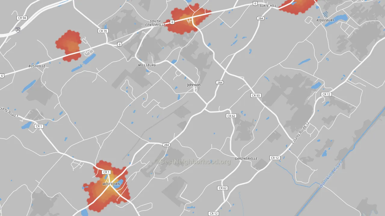 Walk Grade map of Johnson, NY, walkable areas in green and car-dependent areas in red