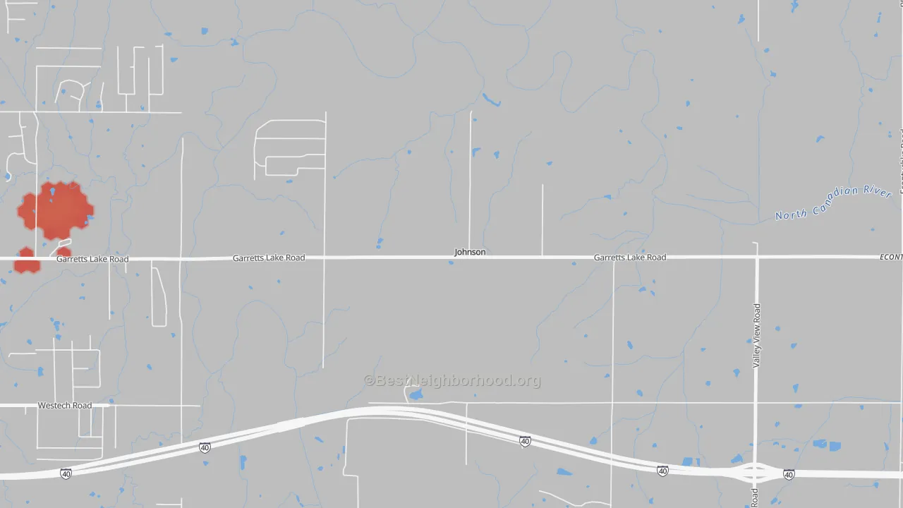 Walk Grade map of Johnson, OK, walkable areas in green and car-dependent areas in red