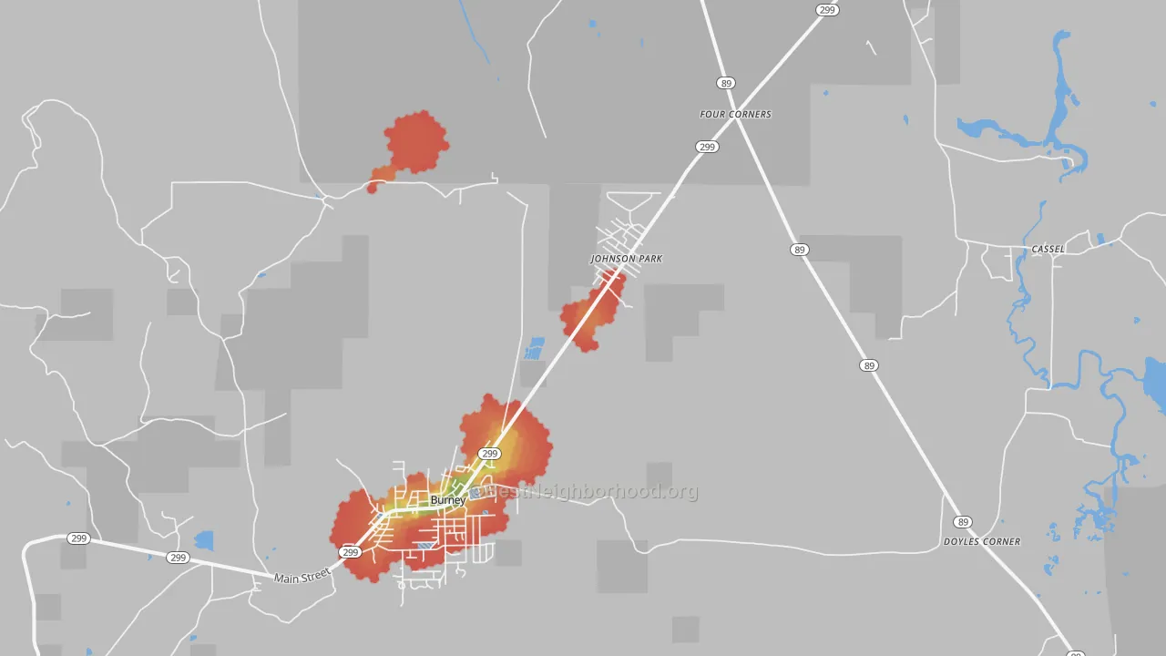 Walk Grade map of Johnson Park, CA, walkable areas in green and car-dependent areas in red