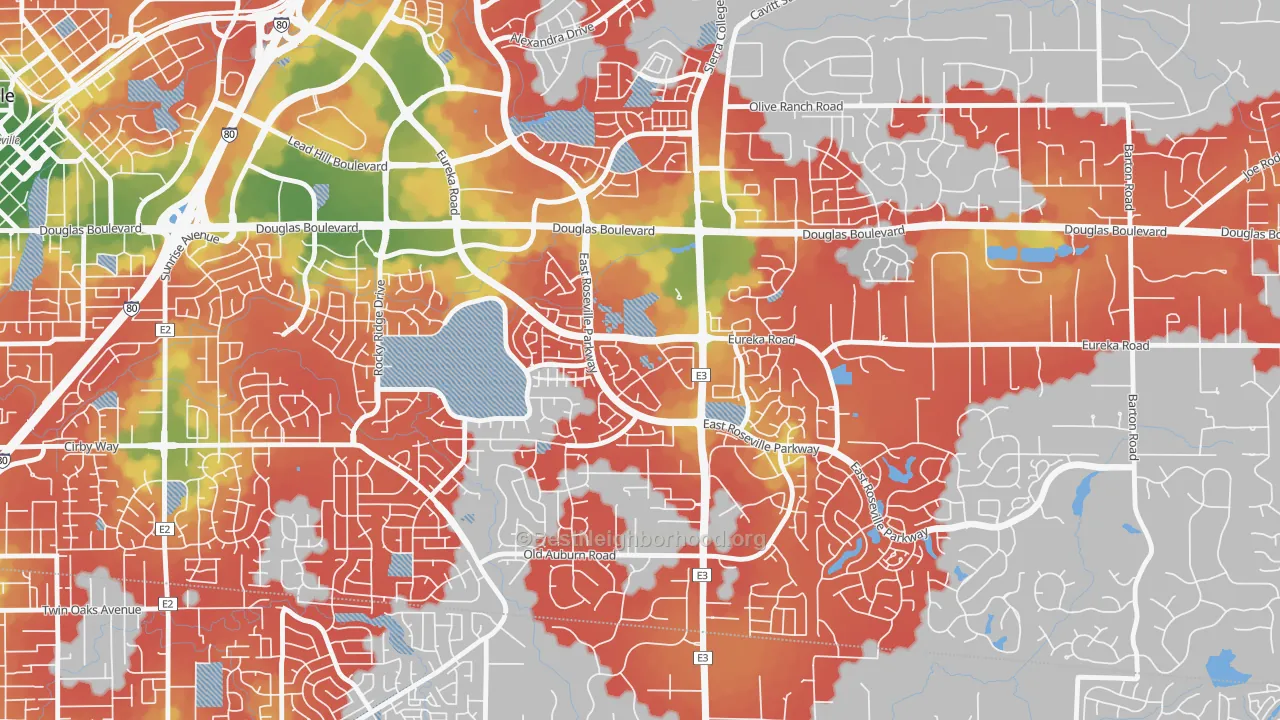 Walk Grade map of Johnson Ranch, Roseville, CA, walkable areas in green and car-dependent areas in red