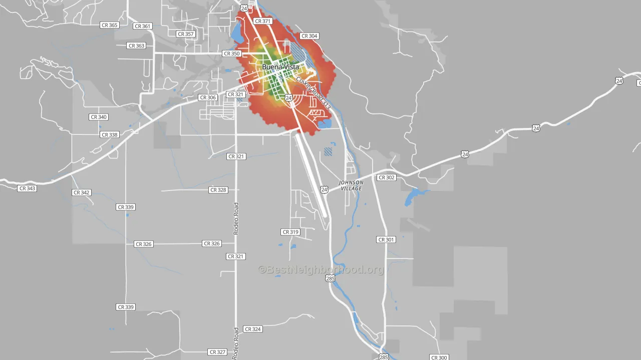 Walk Grade map of Johnson Village, CO, walkable areas in green and car-dependent areas in red