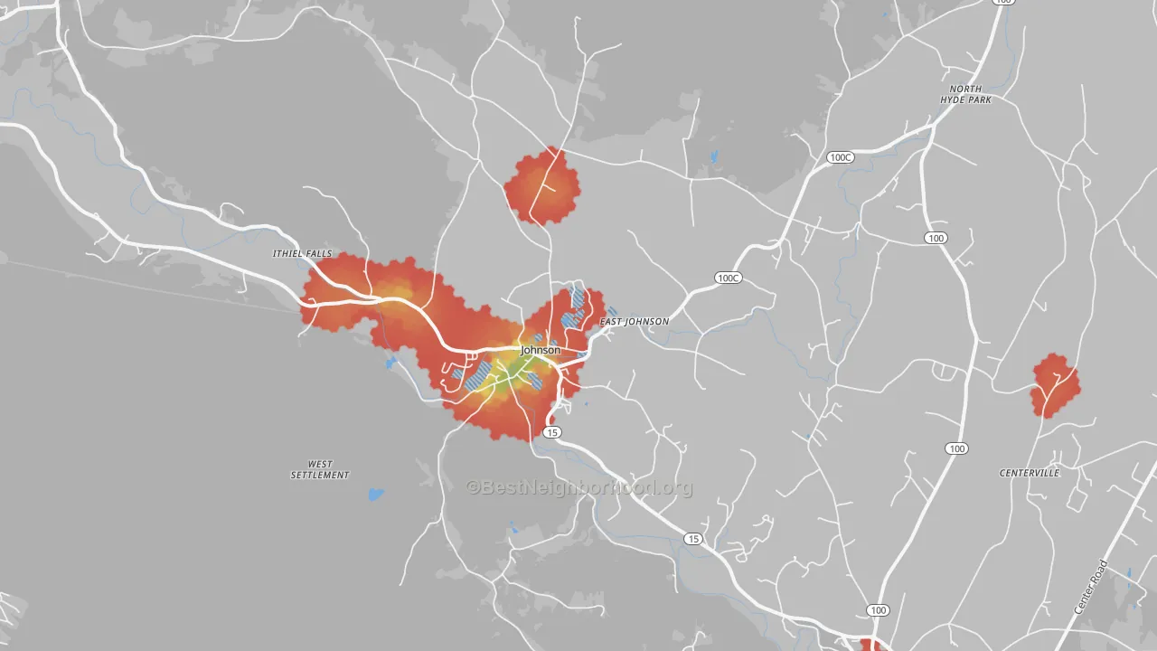 Walk Grade map of Johnson, VT, walkable areas in green and car-dependent areas in red