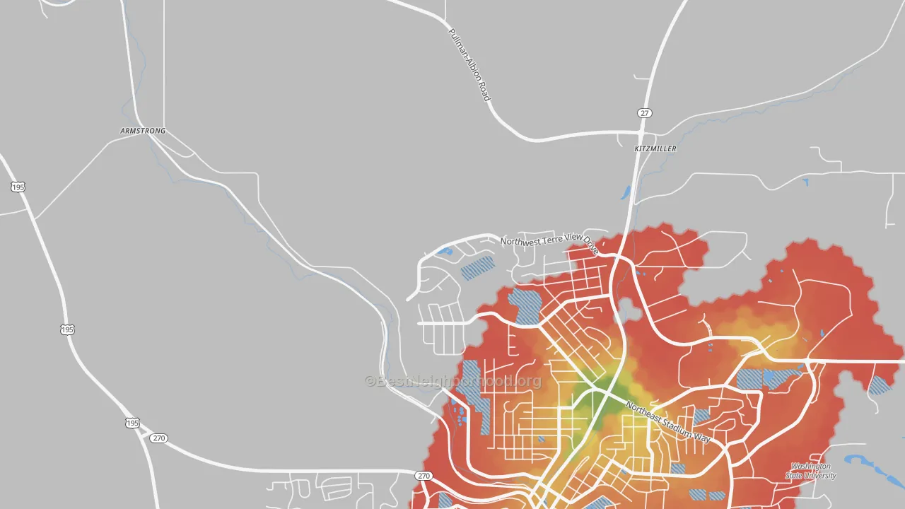 Walk Grade map of Johnson, WA, walkable areas in green and car-dependent areas in red