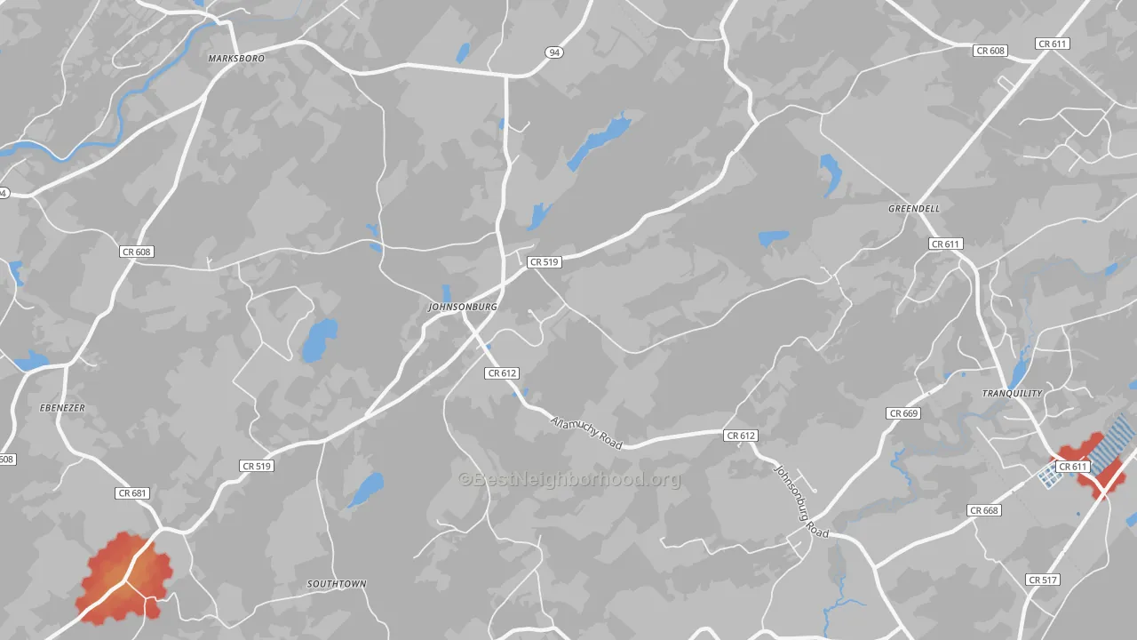 Walk Grade map of Johnsonburg, NJ, walkable areas in green and car-dependent areas in red