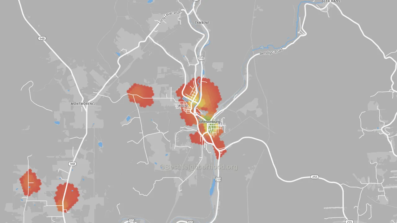 Walk Grade map of Johnsonburg, PA, walkable areas in green and car-dependent areas in red