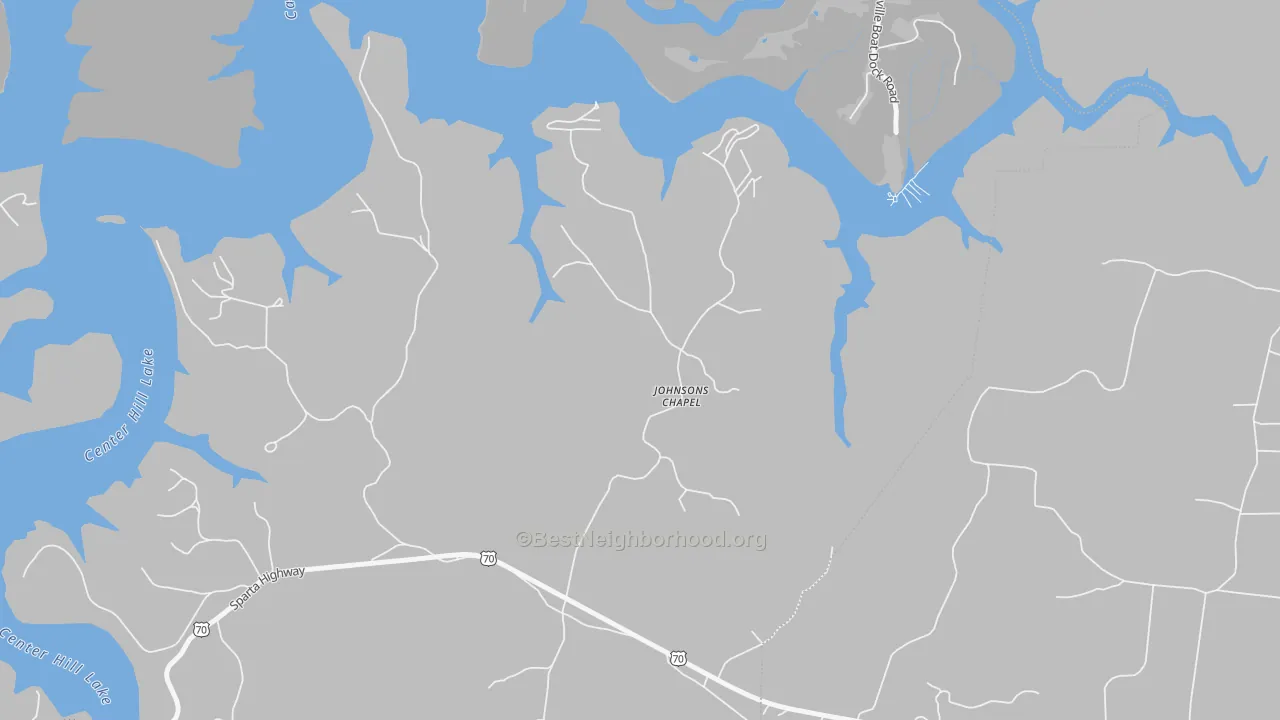 Walk Grade map of Johnsons Chapel, TN, walkable areas in green and car-dependent areas in red