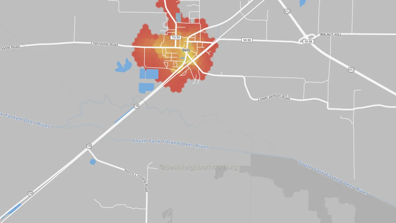 Walk Grade map of Johnsons Grove, TN, walkable areas in green and car-dependent areas in red