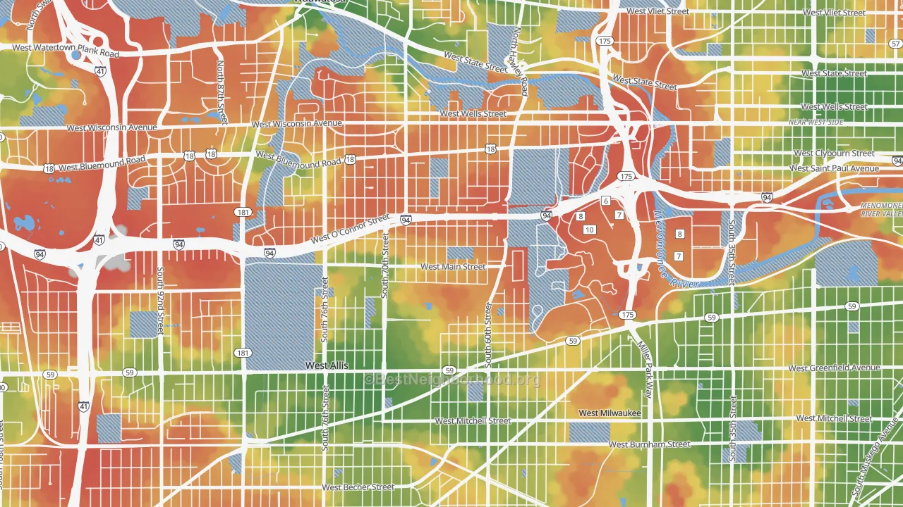 Walk Grade map of Johnson's Woods, Milwaukee, WI, walkable areas in green and car-dependent areas in red