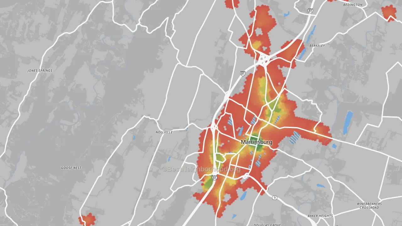 Walk Grade map of Johnsontown, WV, walkable areas in green and car-dependent areas in red