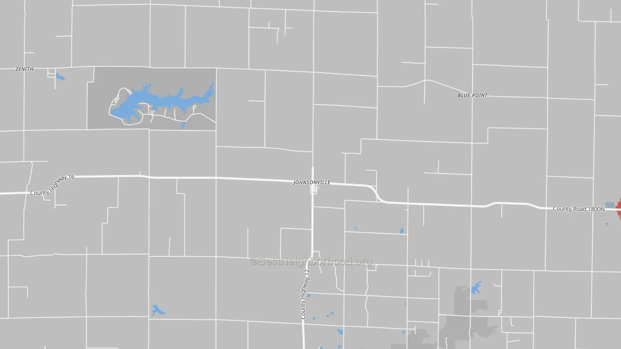 Walk Grade map of Johnsonville, IL, walkable areas in green and car-dependent areas in red