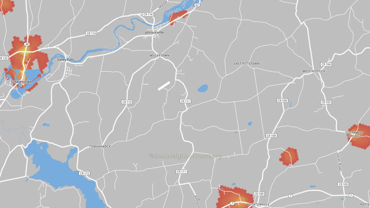 Walk Grade map of Johnsonville, NY, walkable areas in green and car-dependent areas in red