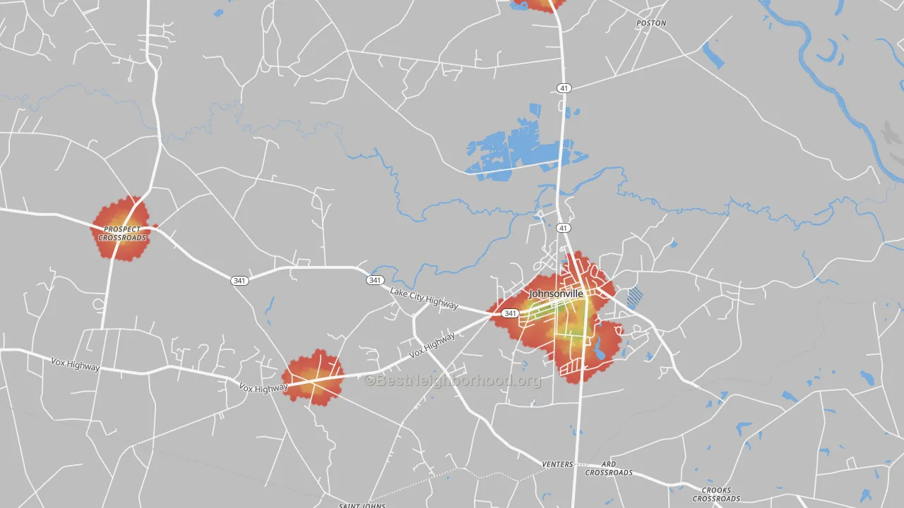 Walk Grade map of Johnsonville, SC, walkable areas in green and car-dependent areas in red