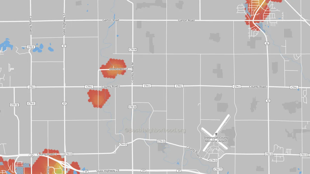 Walk Grade map of Johnsonville, WI, walkable areas in green and car-dependent areas in red