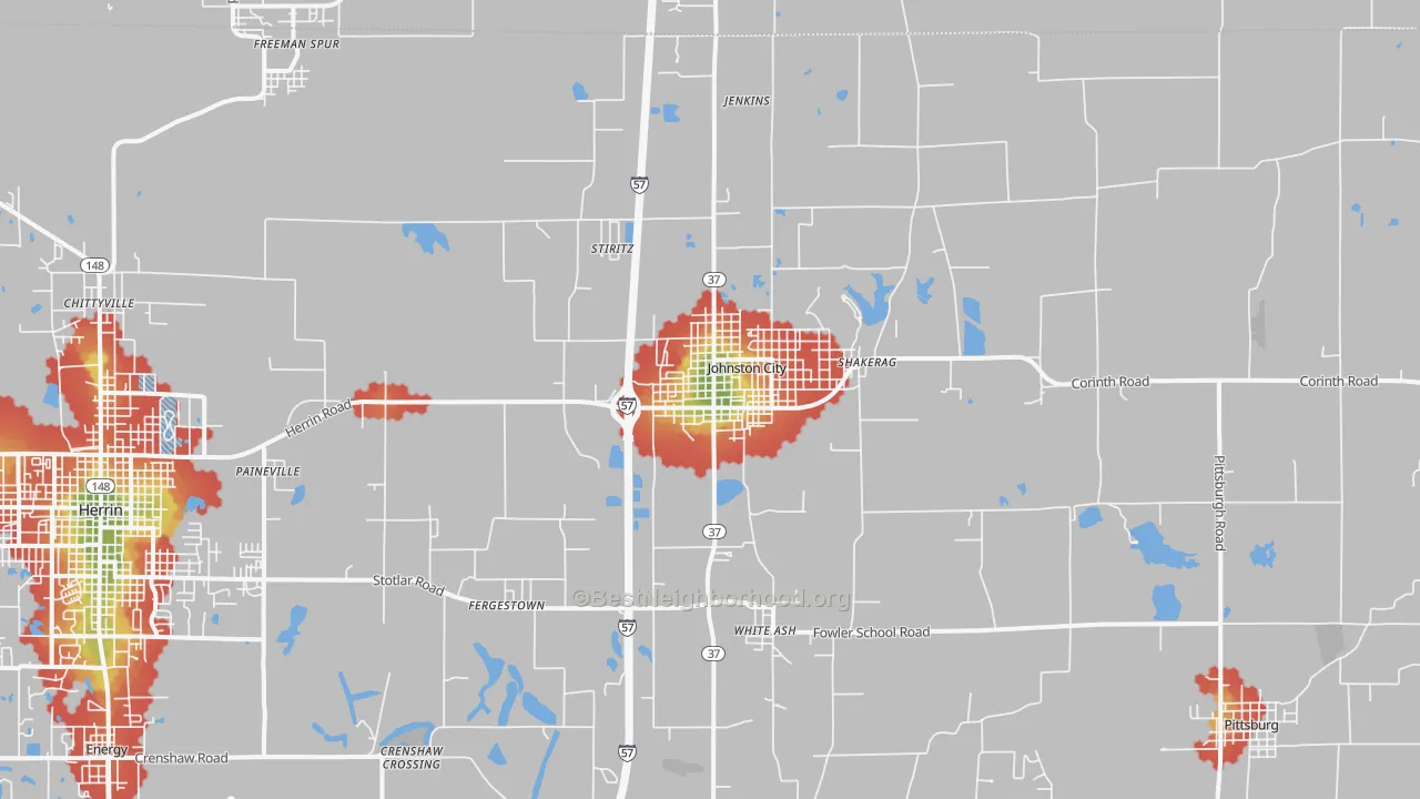 Walk Grade map of Johnston City, IL, walkable areas in green and car-dependent areas in red