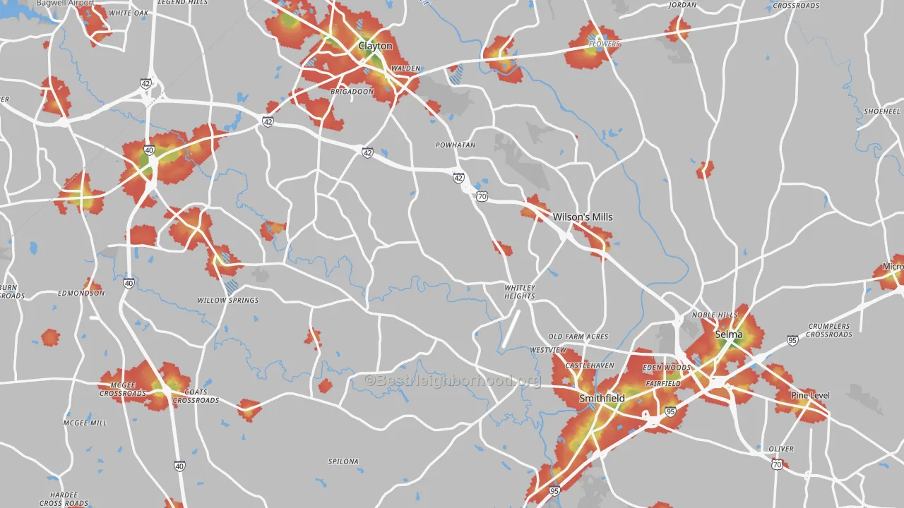 Walk Grade map of Johnston County, NC, walkable areas in green and car-dependent areas in red