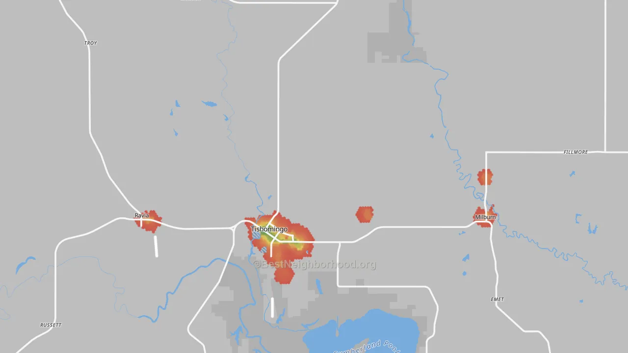 Walk Grade map of Johnston County, OK, walkable areas in green and car-dependent areas in red