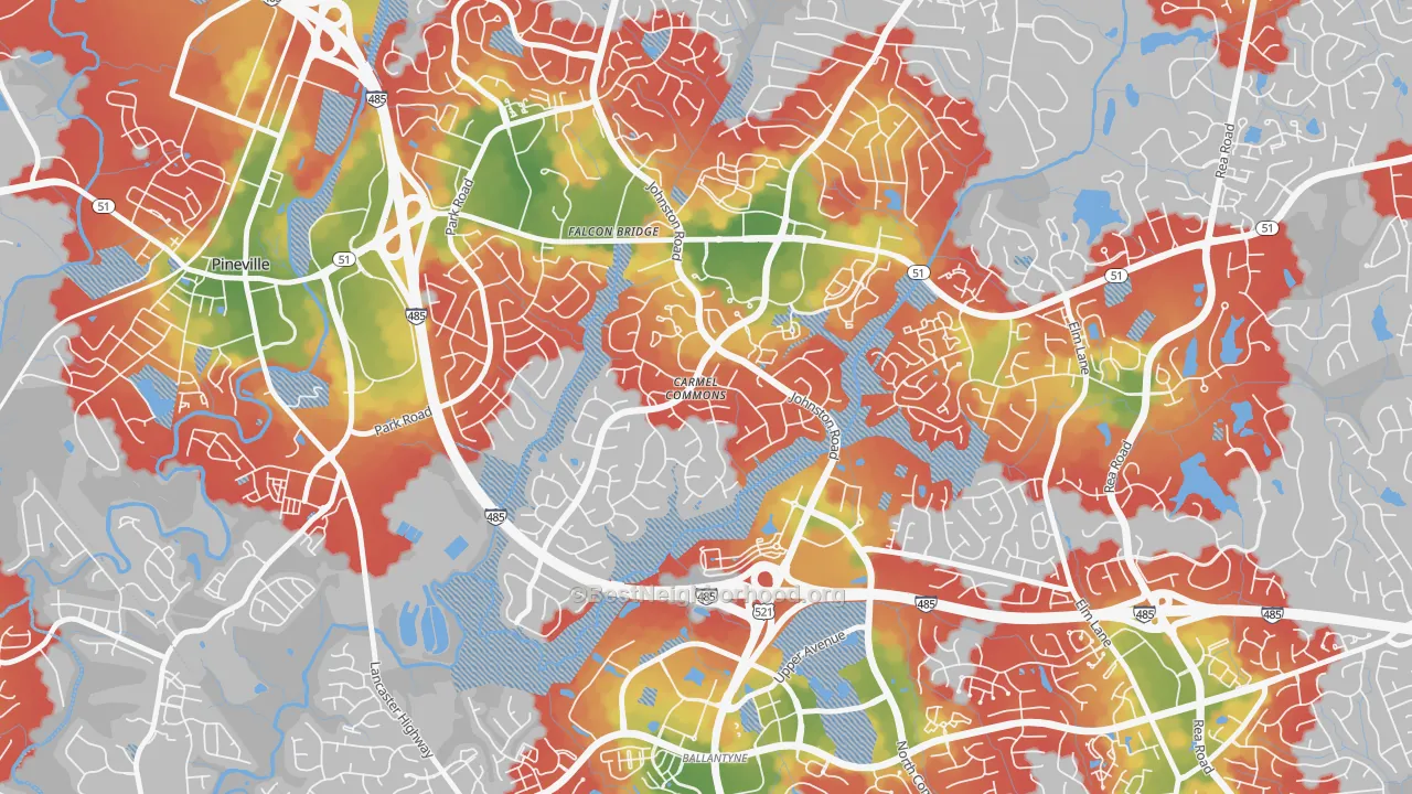 Walk Grade map of Johnston-McAlpine, Charlotte, NC, walkable areas in green and car-dependent areas in red