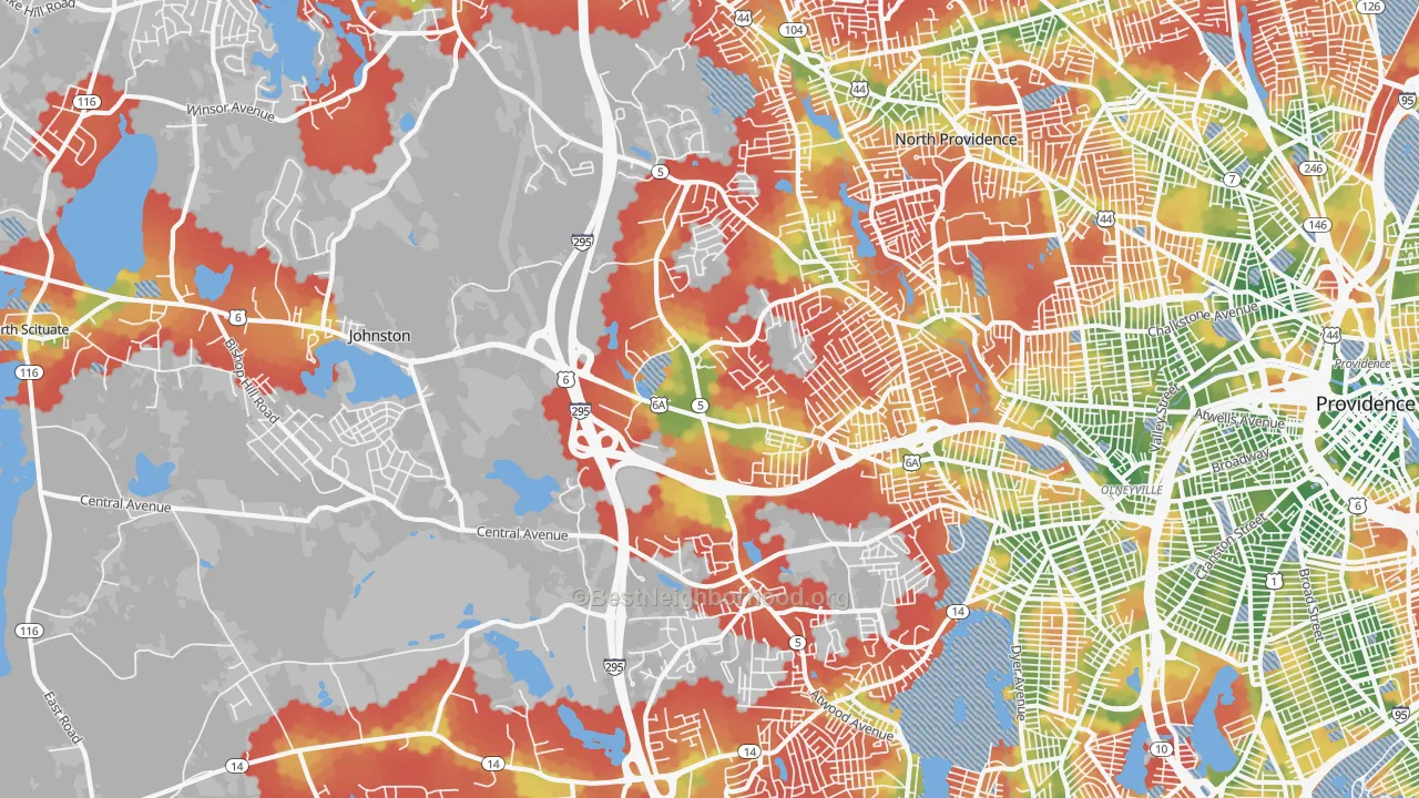 Walk Grade map of Johnston, RI, walkable areas in green and car-dependent areas in red