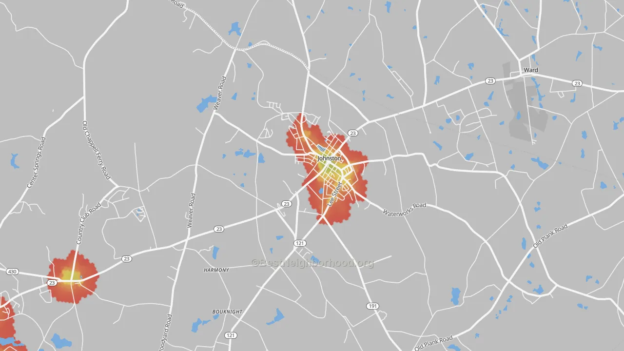 Walk Grade map of Johnston, SC, walkable areas in green and car-dependent areas in red