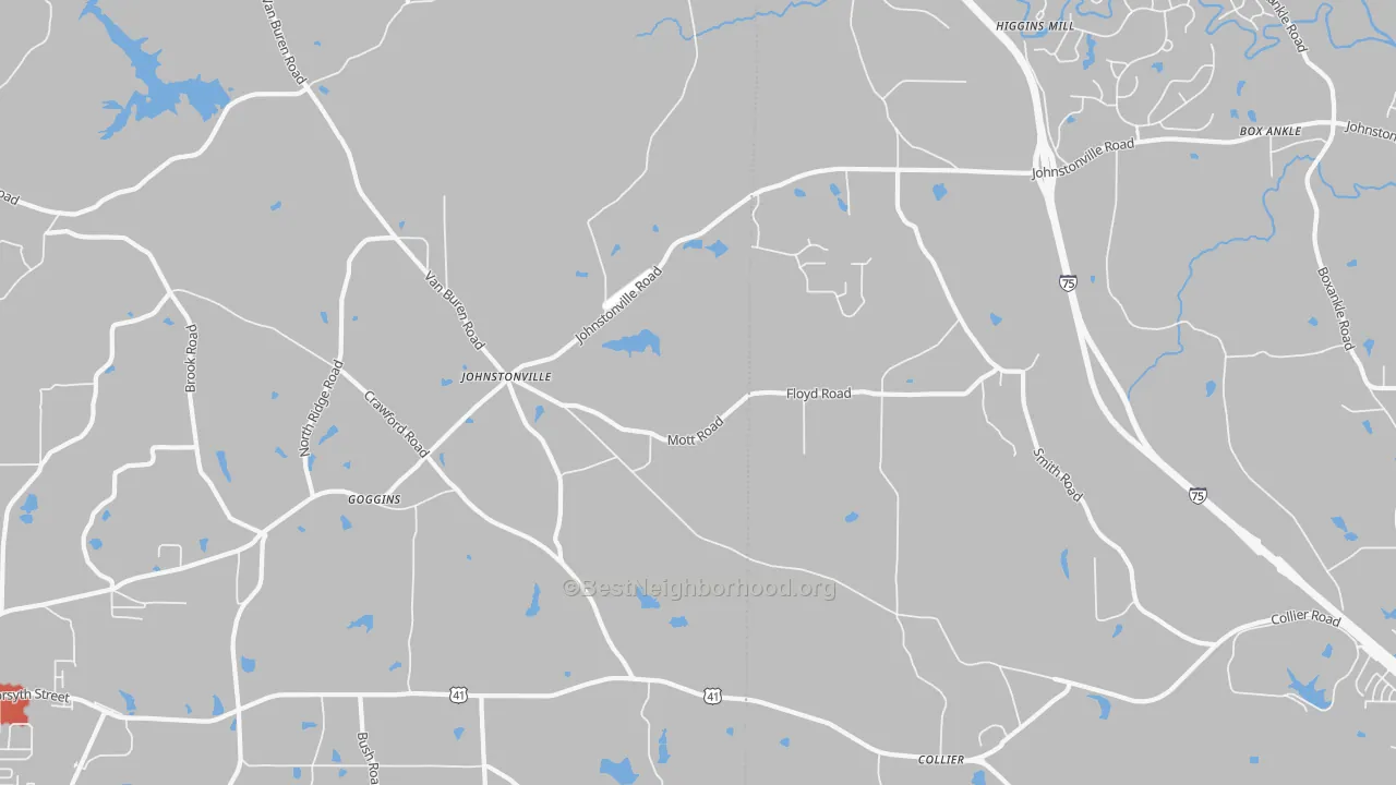 Walk Grade map of Johnstonville, GA, walkable areas in green and car-dependent areas in red