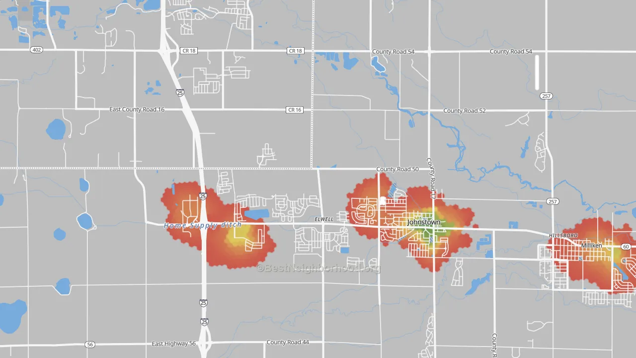 Walk Grade map of Johnstown, CO, walkable areas in green and car-dependent areas in red