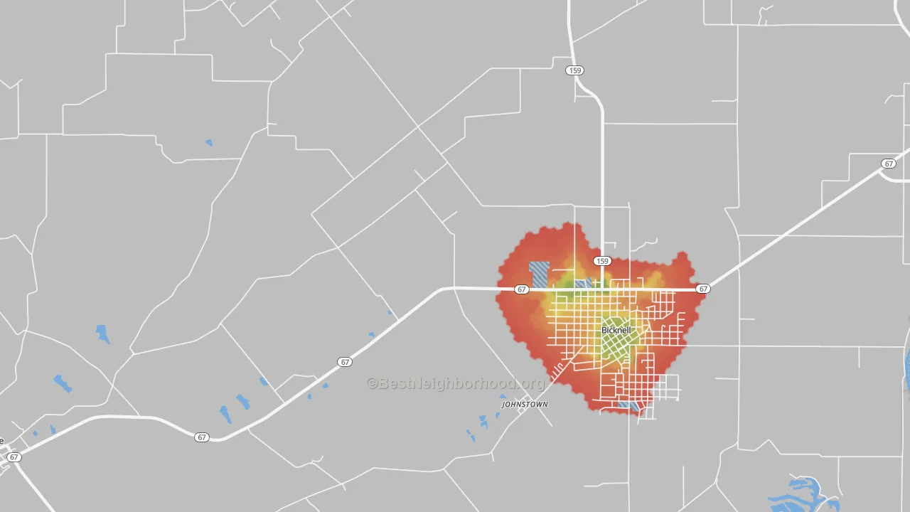 Walk Grade map of Johnstown, IN, walkable areas in green and car-dependent areas in red