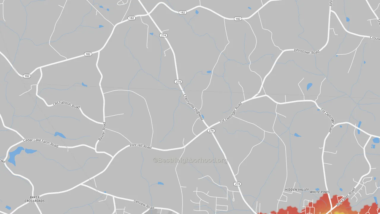 Walk Grade map of Johnstown, NC, walkable areas in green and car-dependent areas in red