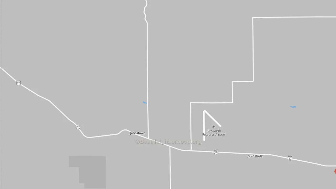 Walk Grade map of Johnstown, NE, walkable areas in green and car-dependent areas in red