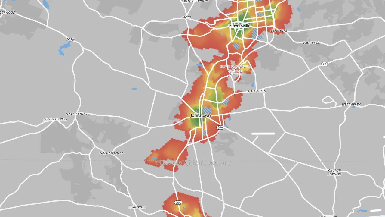 Walk Grade map of Johnstown, NY, walkable areas in green and car-dependent areas in red