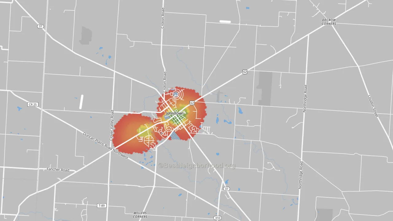 Walk Grade map of Johnstown, OH, walkable areas in green and car-dependent areas in red