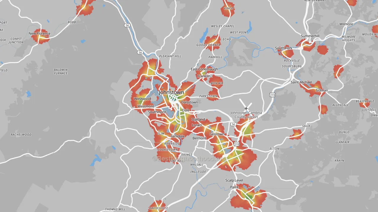 Walk Grade map of Johnstown, PA, walkable areas in green and car-dependent areas in red