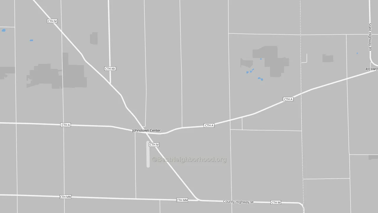 Walk Grade map of Johnstown, WI, walkable areas in green and car-dependent areas in red