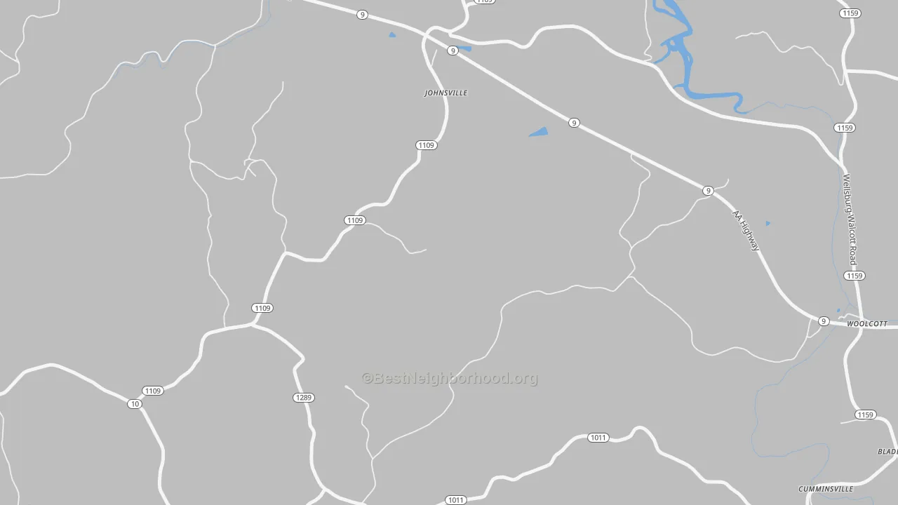 Walk Grade map of Johnsville, KY, walkable areas in green and car-dependent areas in red