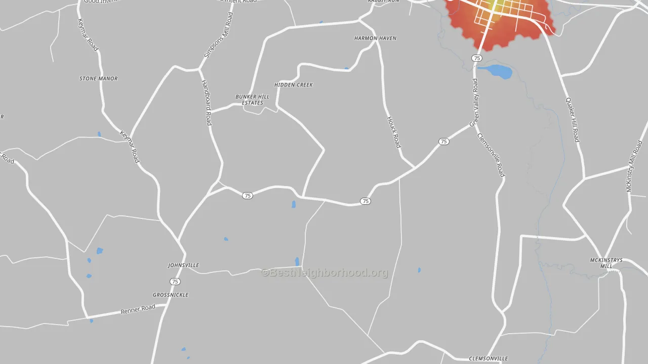 Walk Grade map of Johnsville, MD, walkable areas in green and car-dependent areas in red