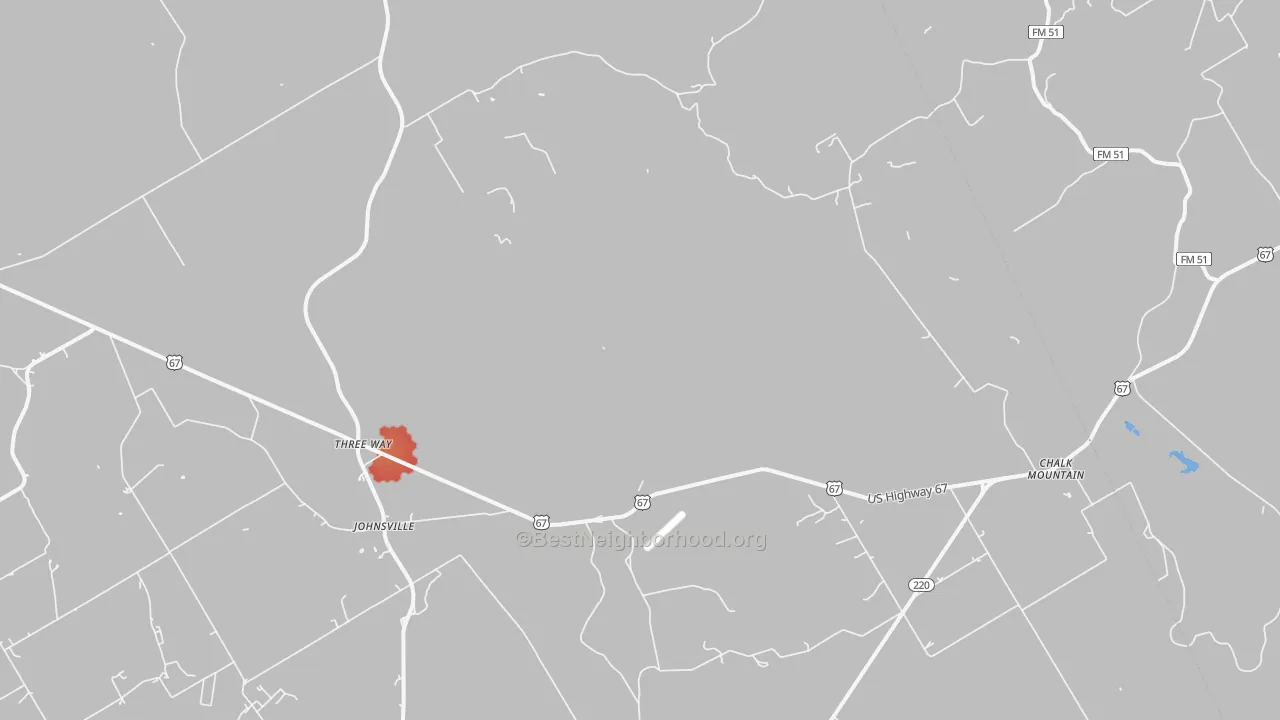 Walk Grade map of Johnsville, TX, walkable areas in green and car-dependent areas in red