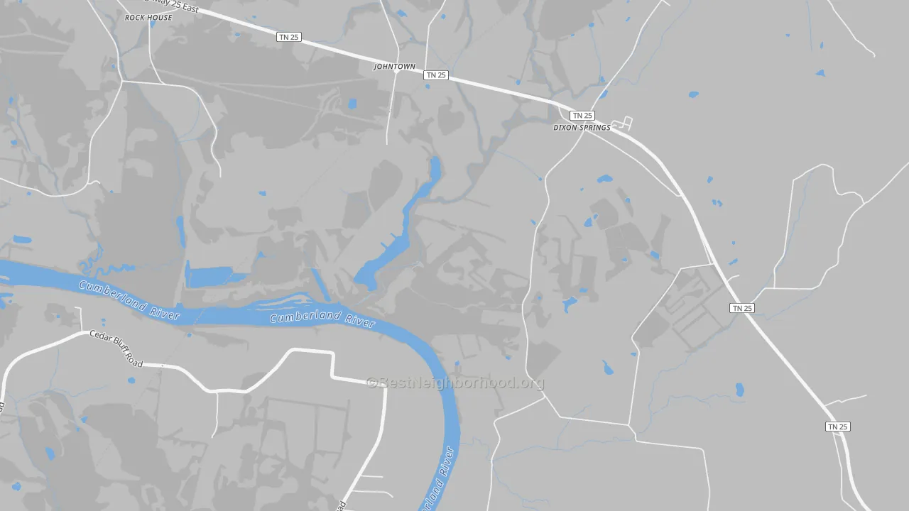 Walk Grade map of Johntown, TN, walkable areas in green and car-dependent areas in red