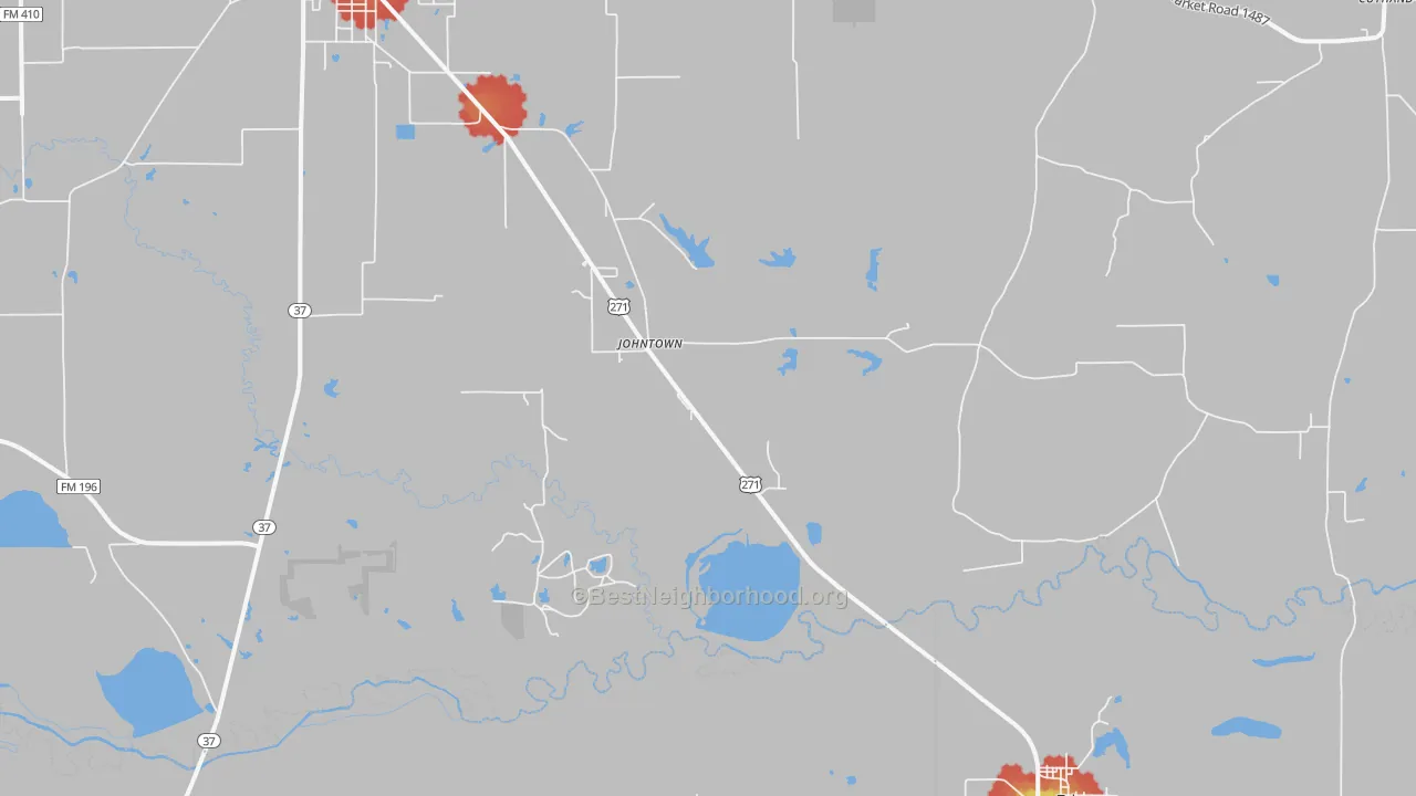 Walk Grade map of Johntown, TX, walkable areas in green and car-dependent areas in red