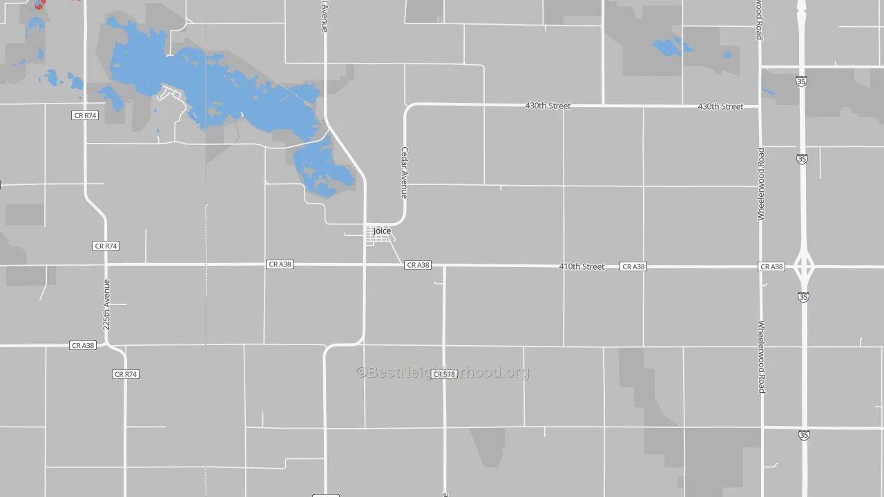 Walk Grade map of Joice, IA, walkable areas in green and car-dependent areas in red