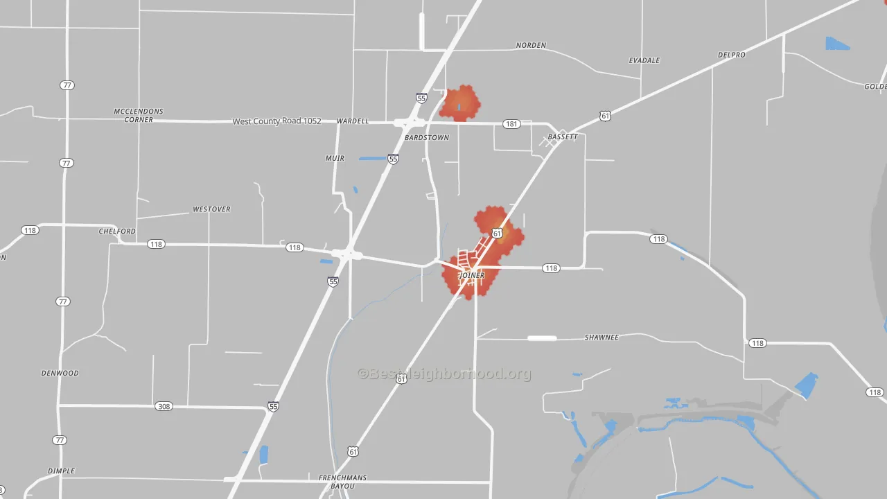 Walk Grade map of Joiner, AR, walkable areas in green and car-dependent areas in red