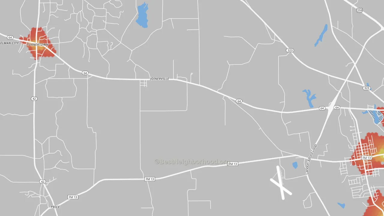 Walk Grade map of Joinerville, TX, walkable areas in green and car-dependent areas in red