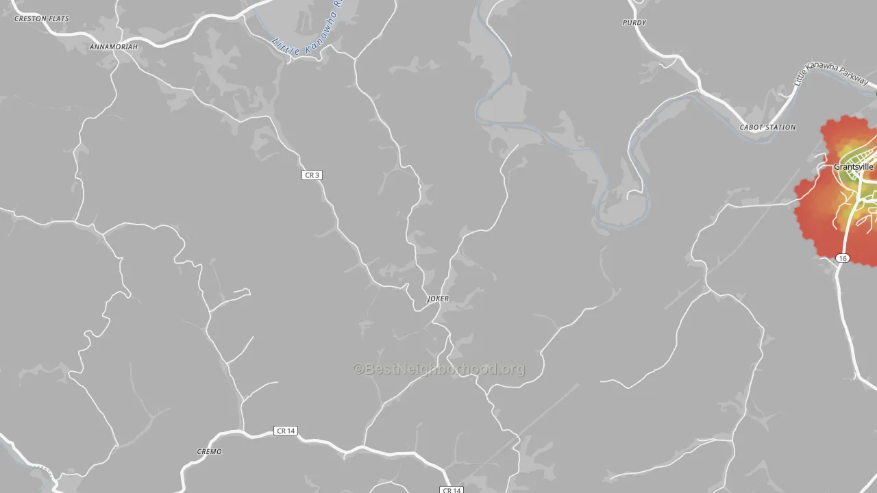 Walk Grade map of Joker, WV, walkable areas in green and car-dependent areas in red