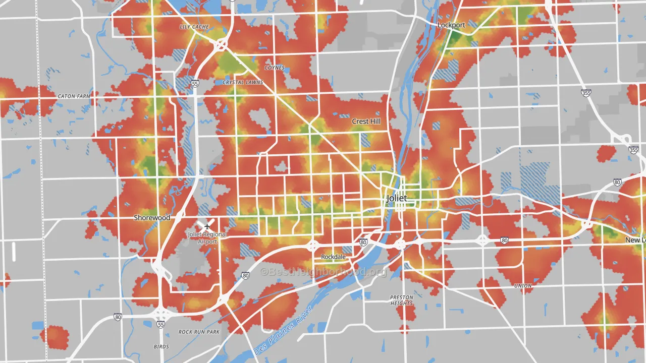 Walk Grade map of Joliet, IL, walkable areas in green and car-dependent areas in red