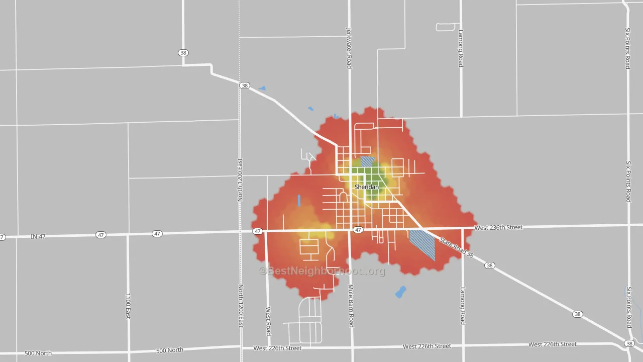 Walk Grade map of Jolietville, IN, walkable areas in green and car-dependent areas in red