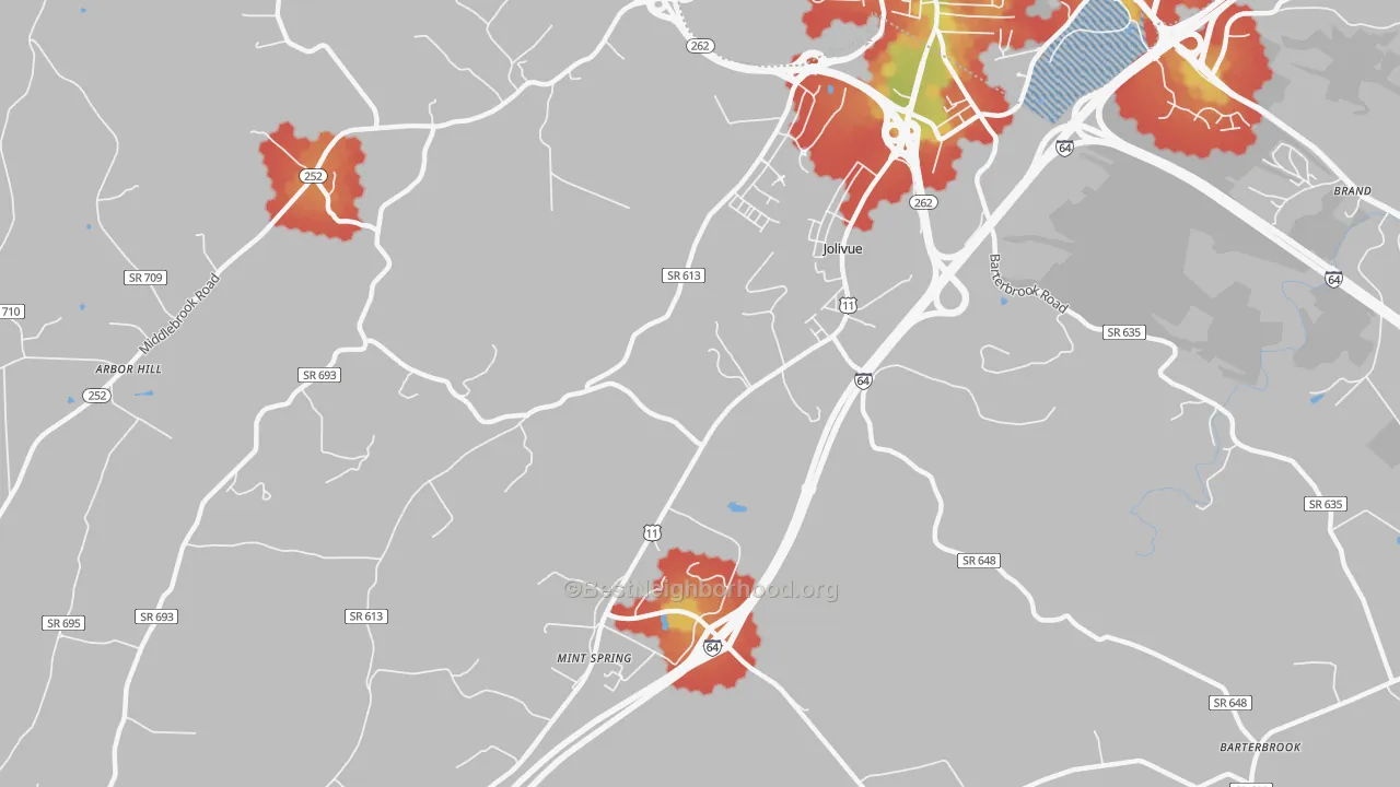 Walk Grade map of Jolivue, VA, walkable areas in green and car-dependent areas in red