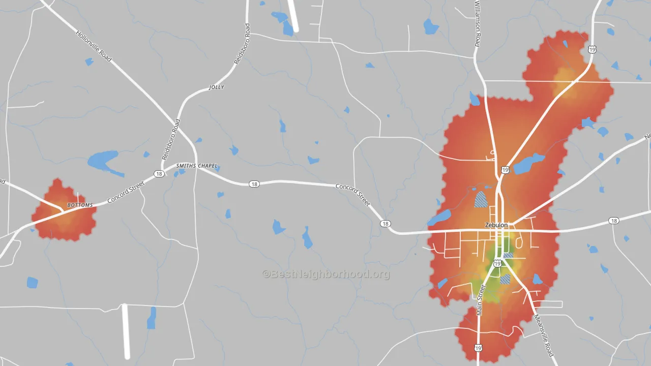 Walk Grade map of Jolly, GA, walkable areas in green and car-dependent areas in red