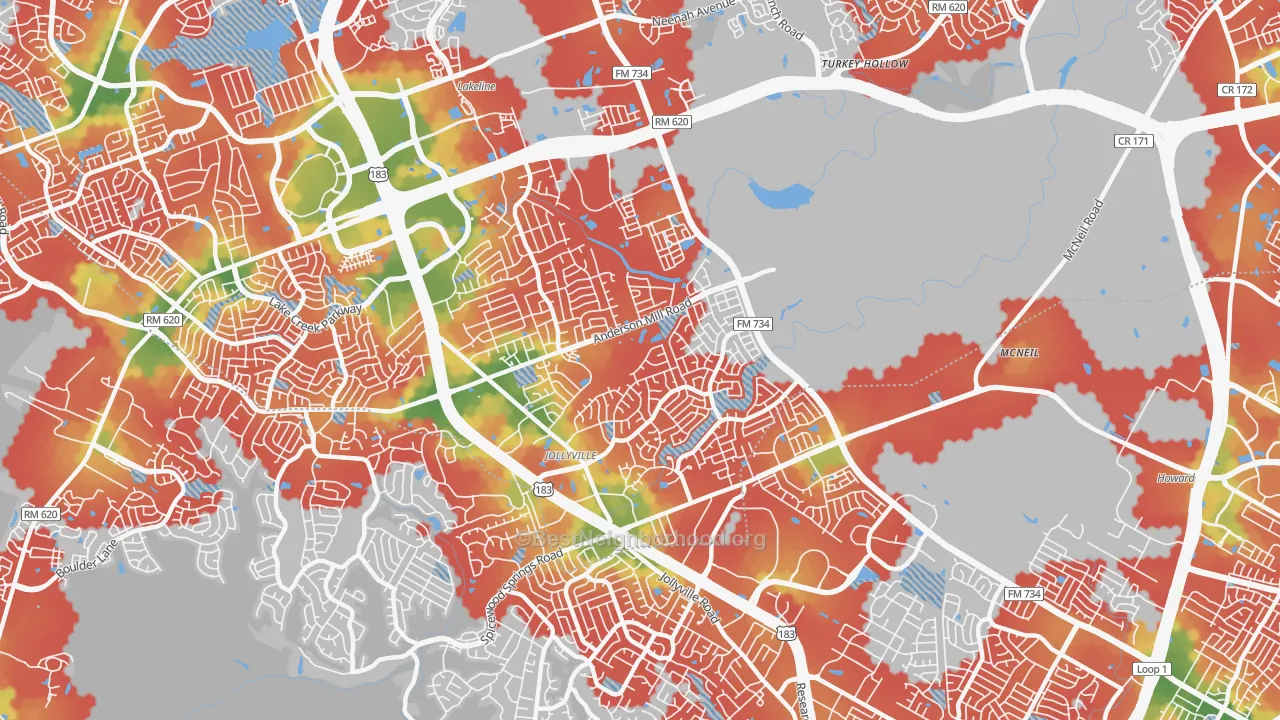 Walk Grade map of Jollyville, TX, walkable areas in green and car-dependent areas in red