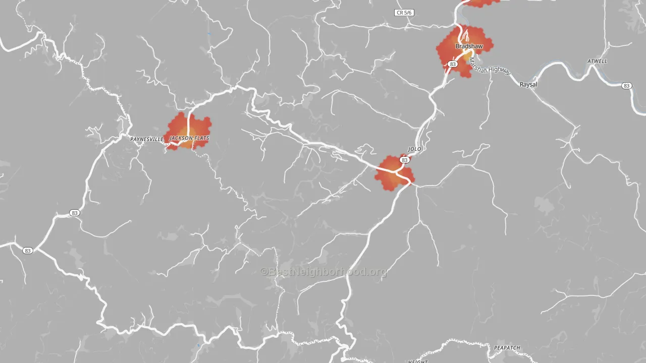 Walk Grade map of Jolo, WV, walkable areas in green and car-dependent areas in red